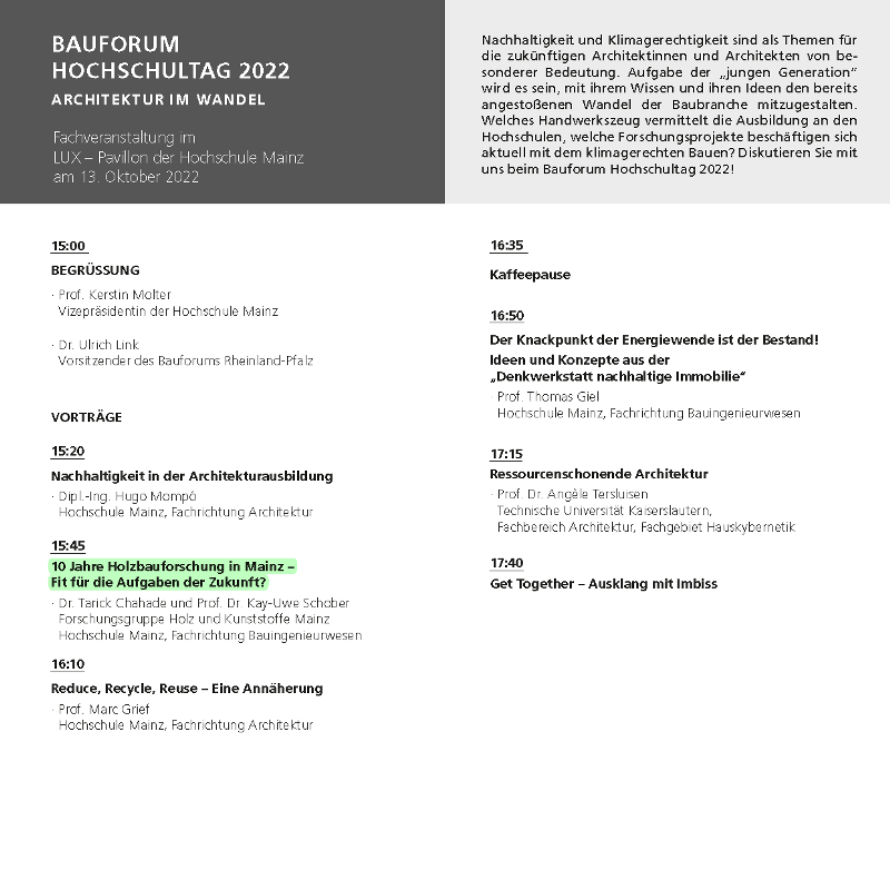 10 Jahre Holzbauforschung Mainz, Bauforum Hochschultag 2022